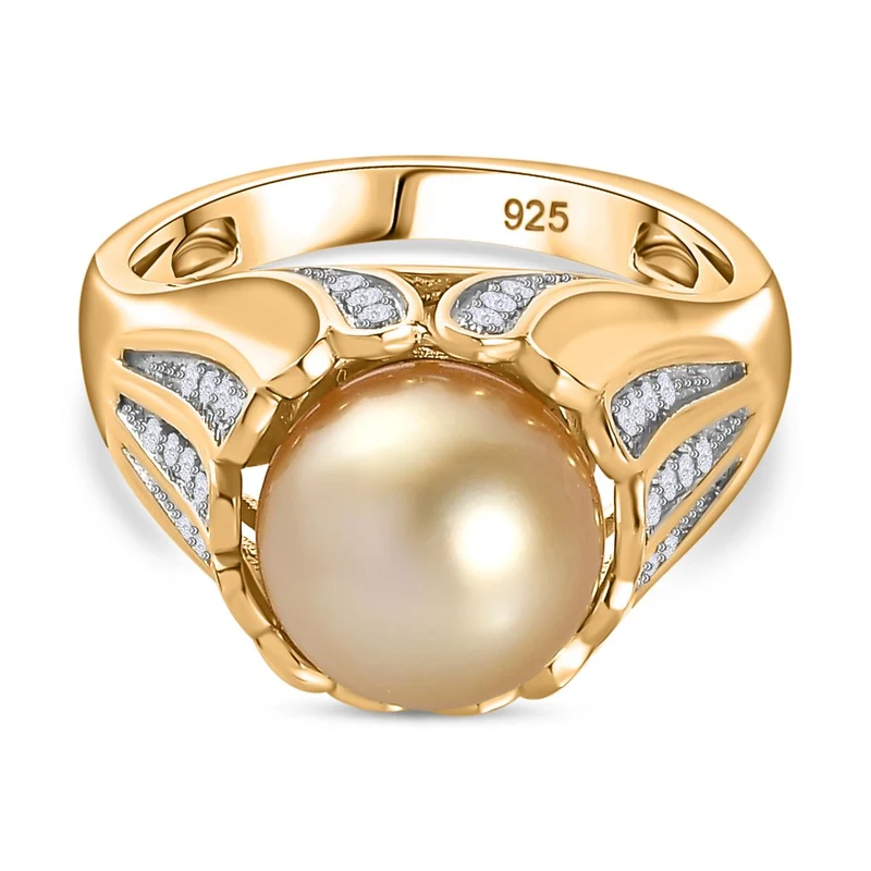 AA Goldene Südsee Perle, Weißer Zirkon Ring 925 Silber 750 Gelbgold Vermeil
