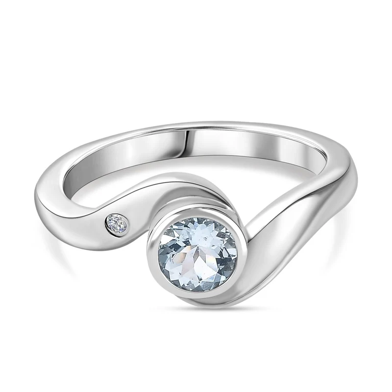 Espirito Santo AA Aquamarin, Weißer Zirkon Ring 925 Silber platiniert ca. 0.44 ct