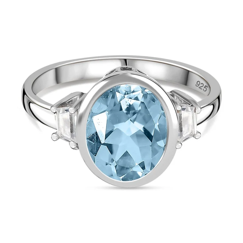 Himmelblauer Topas, Weißer Zirkon Ring 925 Silber rhodiniert ca. 3.14 ct