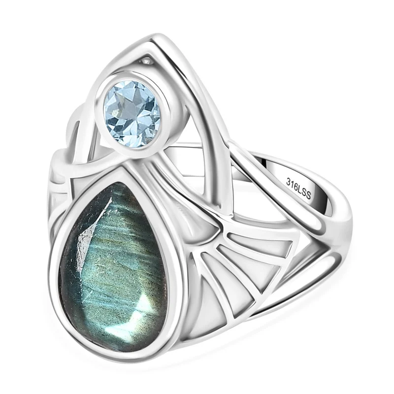 Labradorit, Himmelblauer Topas Ring 316L Edelstahl ca. 3.19 ct