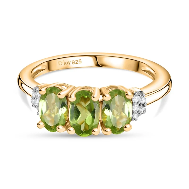 Natürlicher Peridot, Weißer Zirkon Ring 925 Silber vergoldet ca. 1.55 ct