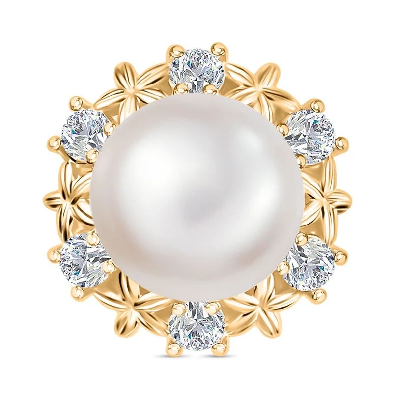 Süßwasser Perle (9.5 mm), Weißer Zirkon Anhänger, Messing
