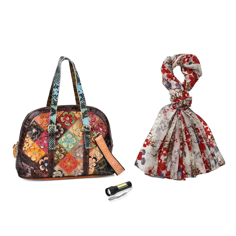 Chaos by Elsie Multicolor Kroko-Prägung Echtleder Crossbody Tasche mit RFID-Schutz und Mini-Taschenlampe und LA MAREY Schal aus 100 % Maulbeerseide