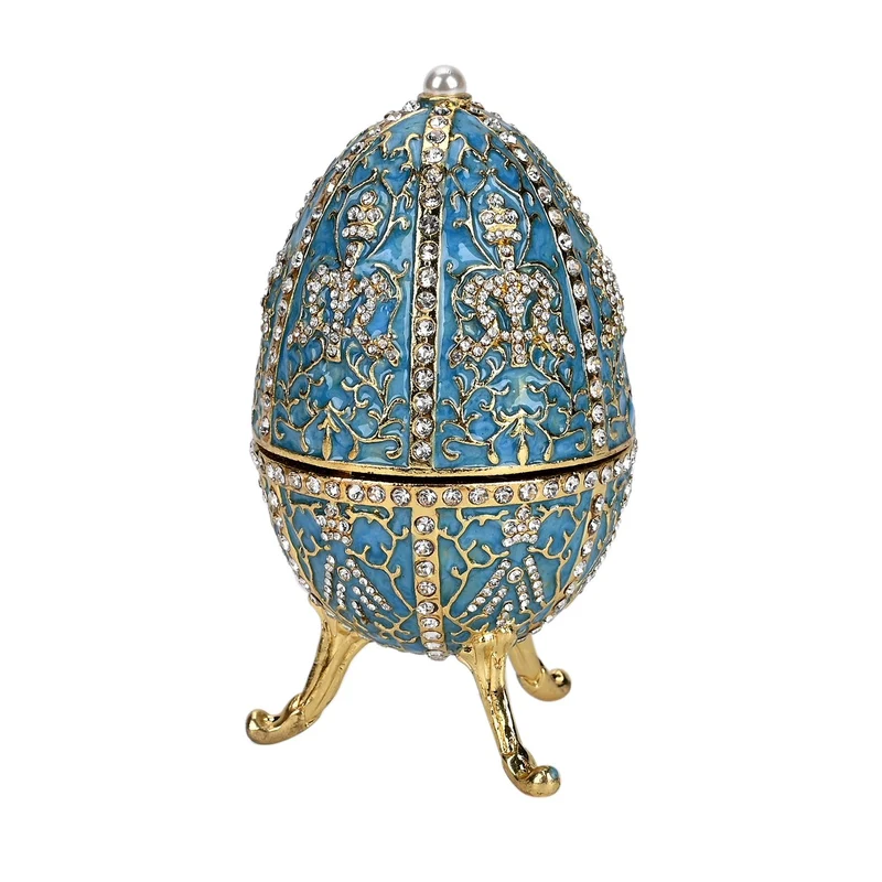 Exquisite Schmuckbox in Blau und Gold - Osterei-Form mit funkelnden Strasssteinen, 6 x 11 cm, blau