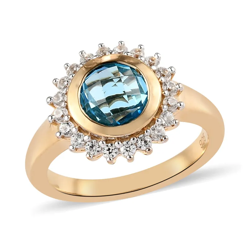 Schweizer Blautopas und Zirkon Ring 925 Silber vergoldet ca. 2,02 ct