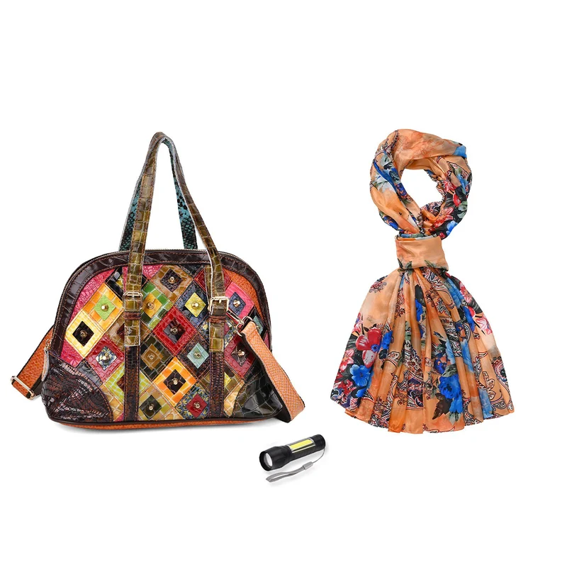 Chaos by Elsie Blumenmuster Echtleder Crossbody Tasche mit RFID-Schutz und Mini-Taschenlampe und LA MAREY Schal aus 100 % Maulbeerseide