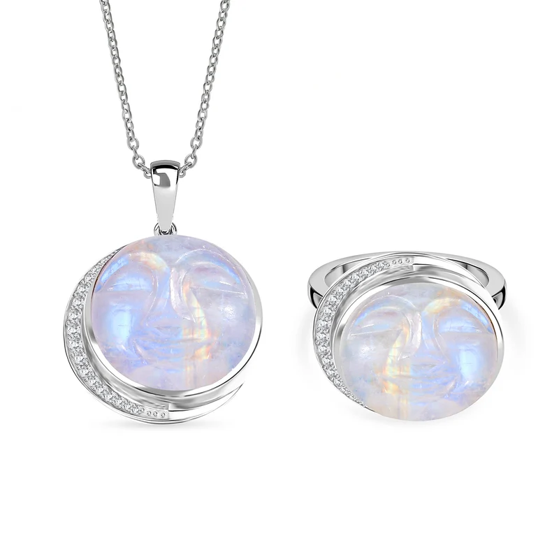 D'Joy AAA Regenbogen Mondstein und Zirkon Ring und Anhänger mit 50cm Kette