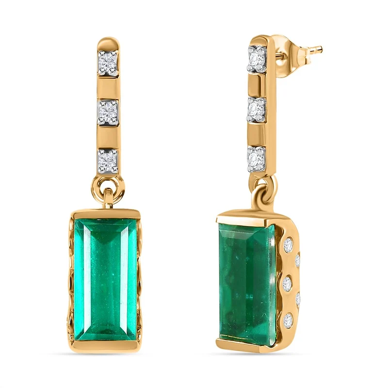 Smaragd-Triplette-Quarz, Weißer Zirkon Ohrringe 925 Silber Gelbgold Vermeil ca. 3,99 ct.
