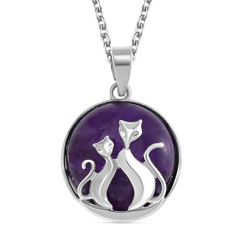 Afrikanischer Amethyst Katzen Anhänger mit Kette, Reiner Edelstahl ca. 10.00 ct