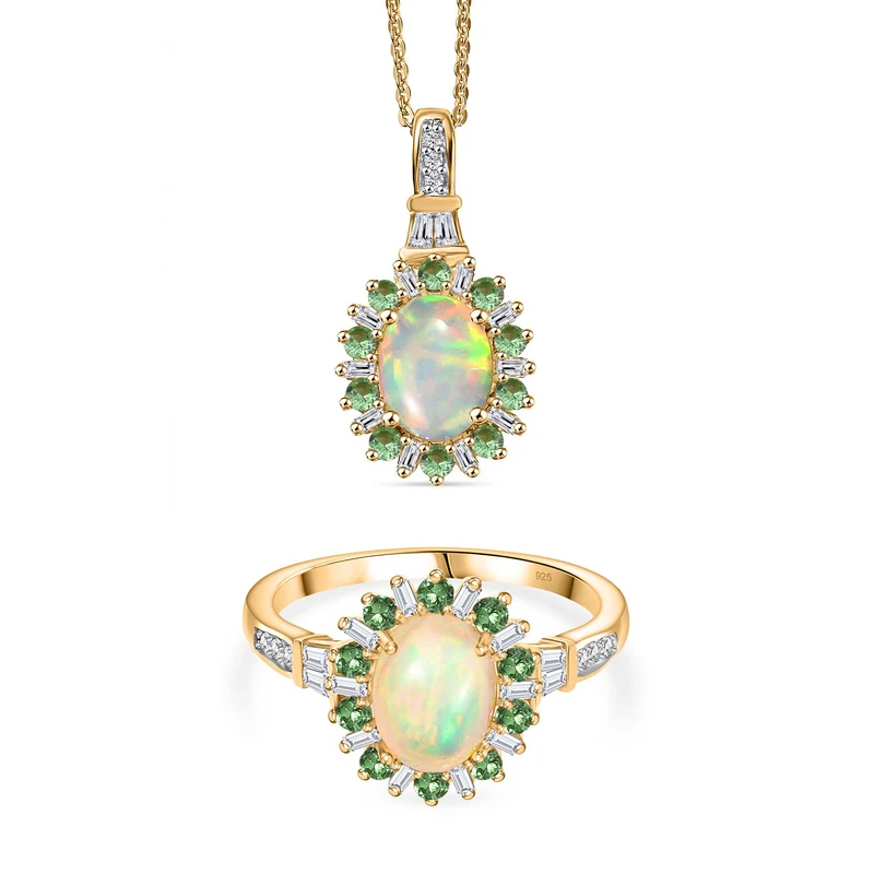 AA äthiopischer Welo Opal Tsavorit Granat und Moissanit Ring und Anhänger mit 50cm Kette