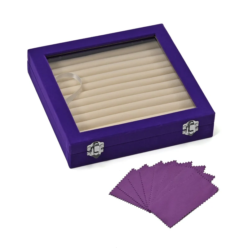Quadratische Ringbox aus Samt mit Glasfenster und 10 Silberputztüchern, mit Sicherheitsverschluss, 24x24x5 cm, Weinrot
