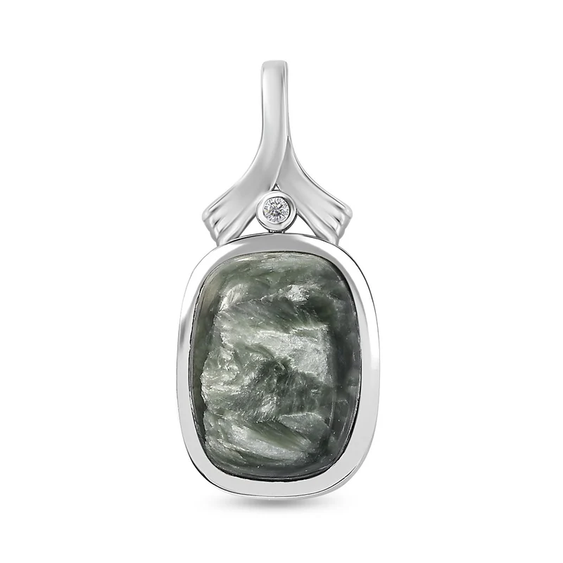 Sibirischer Seraphinite, Weißer Zirkon Anhänger 925 Silber platiniert ca. 10.19 ct