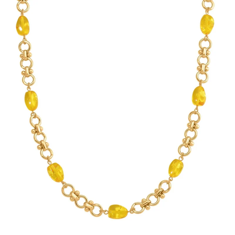 Simulierte Gelbe Bernstein Halskette, ca. 50 cm + 5 cm Extender, goldfarben