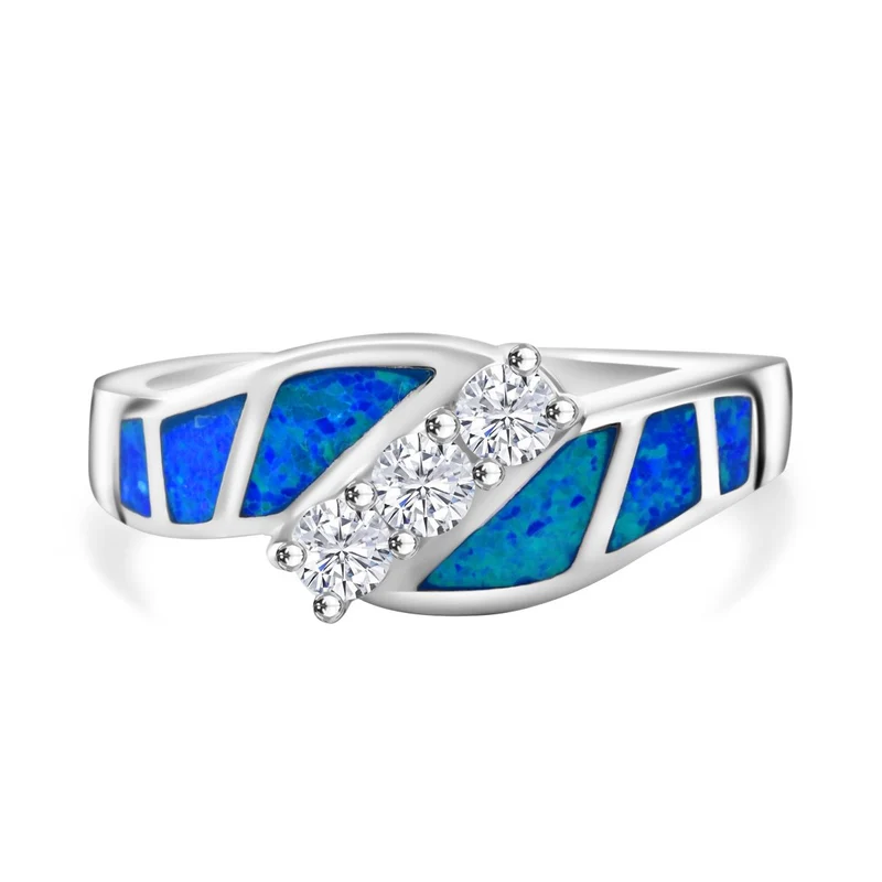 Simulierter Blauer Opal, Weißer Zirkonia Ring 925 Silber rhodiniert