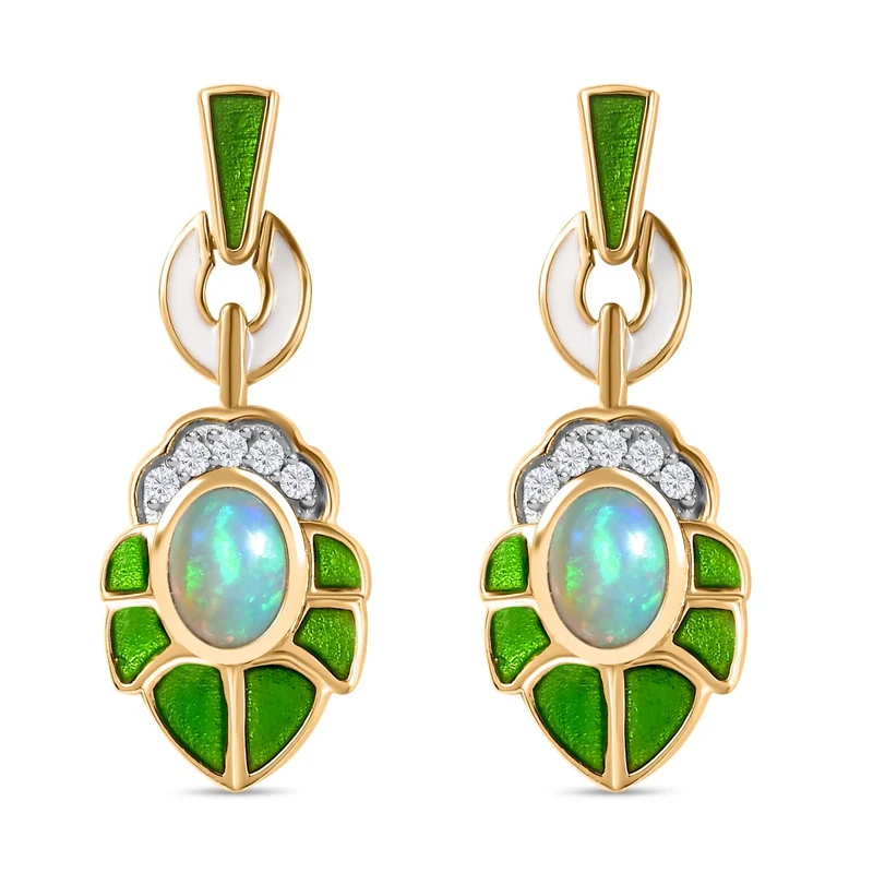 AA Natürlicher, äthiopischer Welo Opal, Weißer Zirkon Ohrringe 925 Silber 750 Gelbgold Vermeil ca. 1.24 ct
