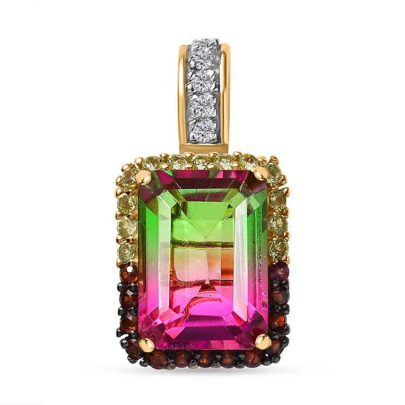 Wassermelonen Quarz Triplette, Weißer Zirkon Anhänger 925 Silber 750 Gelbgold Vermeil ca. 8.83 ct