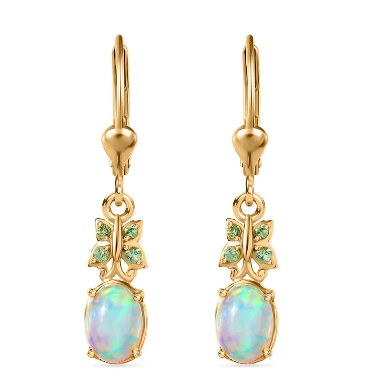 Natürlicher, äthiopischer Welo Opal, Tsavorite Granat Ohrringe 925 Silber vergoldet ca. 1.24 ct
