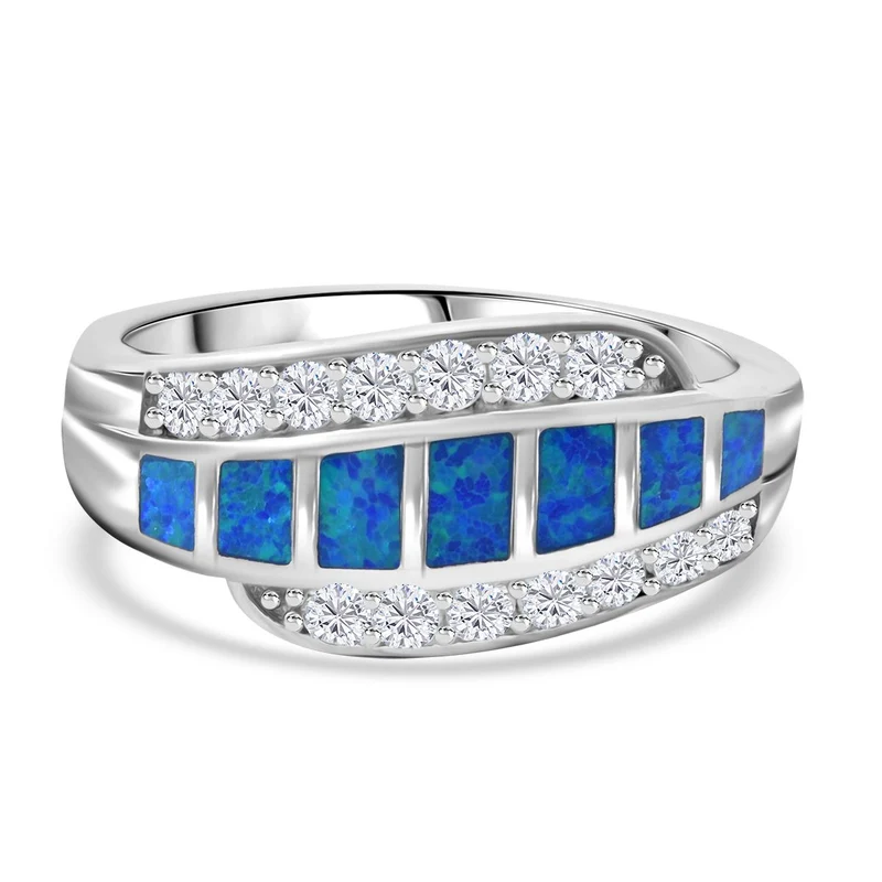 Simulierter Blauer Opal, Weißer Zirkonia Ring 925 Silber rhodiniert