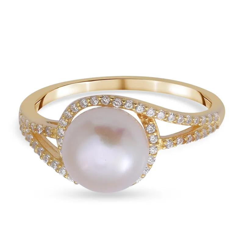 Süßwasser Perle und Simulierter Weißer Diamant Ring 925 Silber Vergoldet (Größe 16.00) ca. 0,50 ct