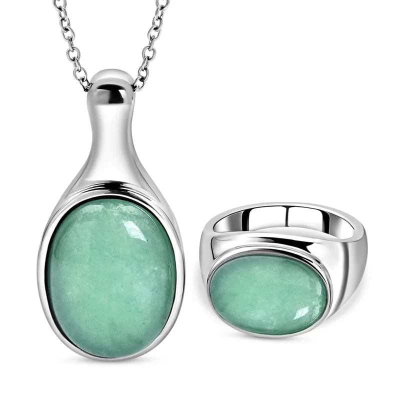 2er-set Grüner Aventurin-Ring und Anhänger mit Kette, ca. 50 cm, Edelstahl, ca. 27,00 ct