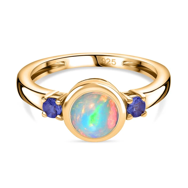 AA Natürlicher, äthiopischer Welo Opal, Tansanit Ring 925 Silber vergoldet ca. 0,74 ct
