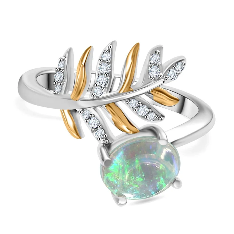 AA Natürlicher, äthiopischer Welo Opal, Weißer Zirkon Ring 925 Silber rhodiniert ca. 0,97 ct