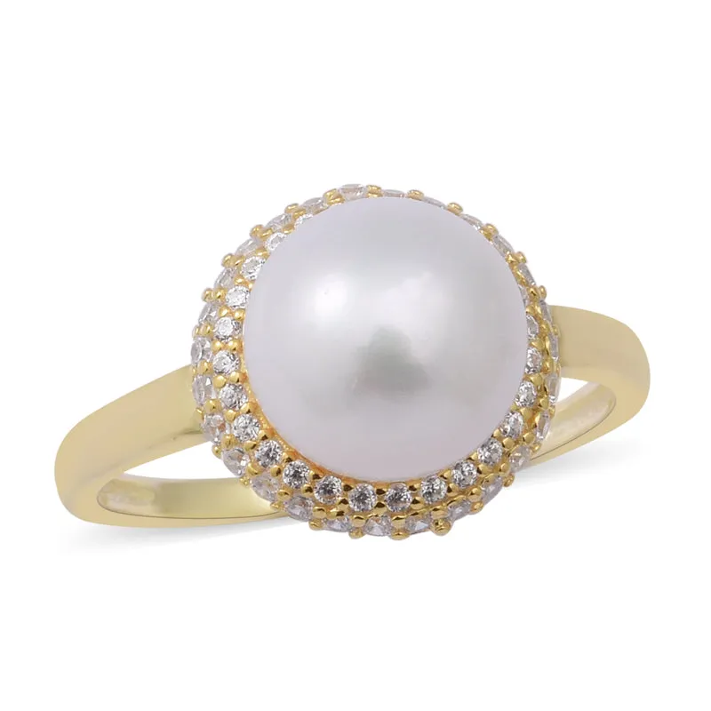 Süßwasser Perle und Simulierter Weißer Diamant Ring 925 Silber Vergoldet ca. 0,65 ct