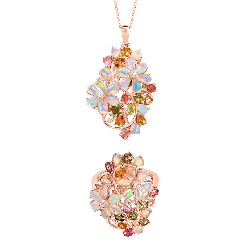D'Joy äthiopischer Welo Opal Multi-Turmalin und Moissanit Ring und Anhänger mit 50cm Kette