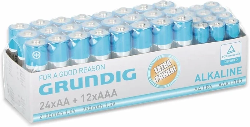Grundig Alkaline-Batterien, 12x AAA (LR03) und 24x AA (LR6), 36 Stück