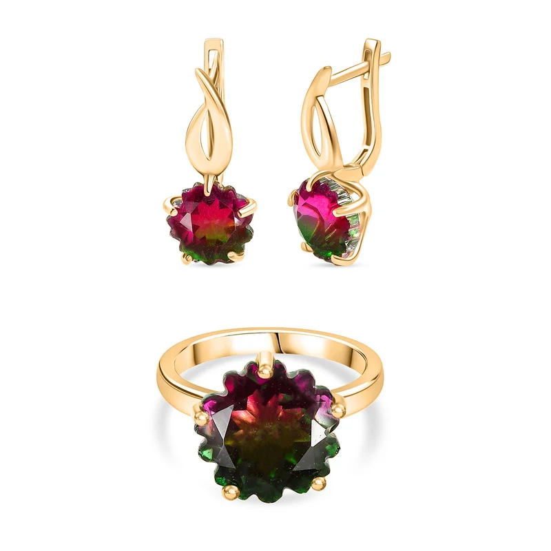 D'Joy Wassermelonen Triplett Quarz Ring und Ohrringe