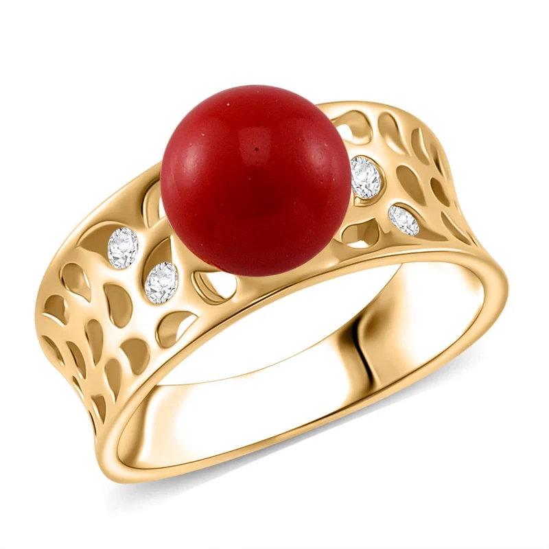 Rote Muschelkernperle, Moissanit Ring 925 Silber vergoldet