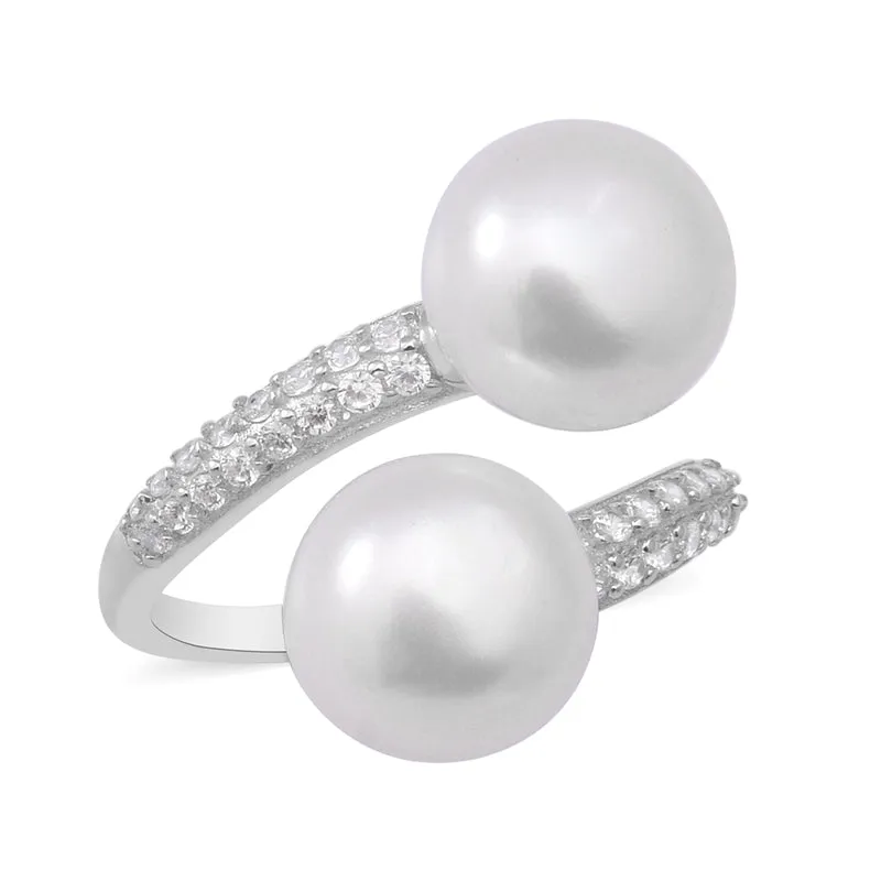 Weiße Süßwasser Perle und Simulierter Weißer Diamant Bypass Ring 925 Silber rhodiniert ca. 0,57 ct