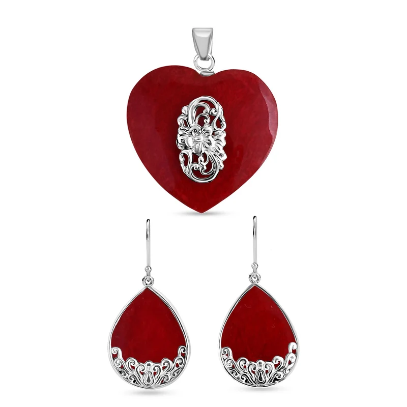 Royal Bali Kollektion- Koralle Anhänger und Ohrringe in 925 Silber