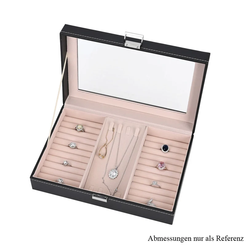 Schmuckorganizer aus PU mit Glasdeckel - ideal für Ringe, Ohrringe, Broschen und Halsketten, 30 x 20 x 8,5 cm, Beige