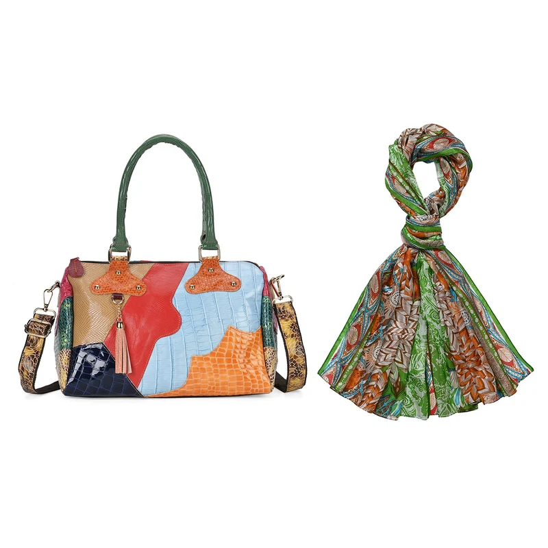 Chaos By Elsie - Krokodil-Muster Echtleder Crossbody Tasche und LA MAREY Schal aus 100 % Maulbeerseide
