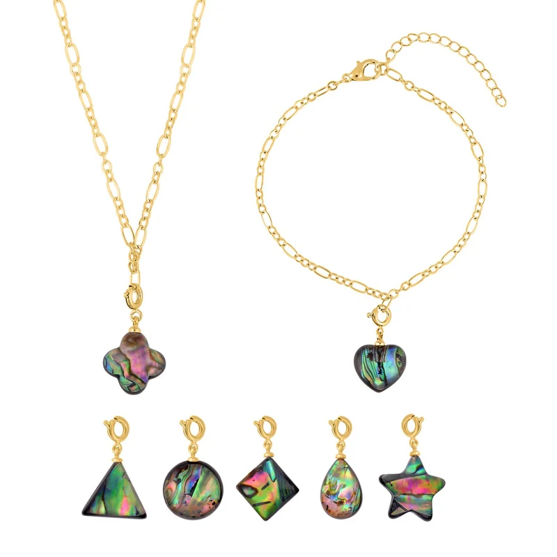 7 Wechselcharme Set mit Abalone Muschel-Anhängern, Armband und Kette, geometrischen Motiven, Reiner Edelstahl, goldfarben