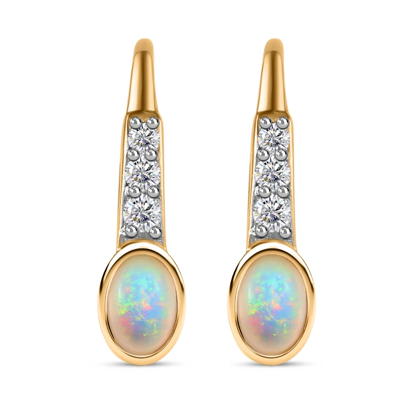 AA Natürlicher, äthiopischer Welo Opal, Weißer Zirkon Ohrringe 925 Silber vergoldet ca. 0.96 ct