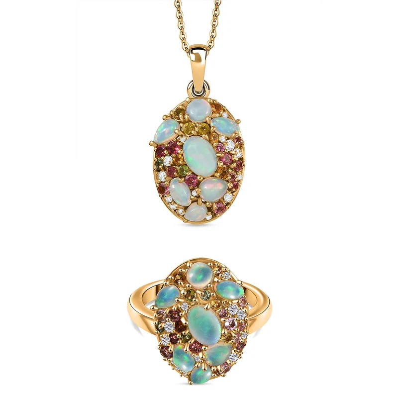 D'Joy äthiopischer Welo Opal und Multi-Edelstein Ring und Anhänger mit 50cm Kette