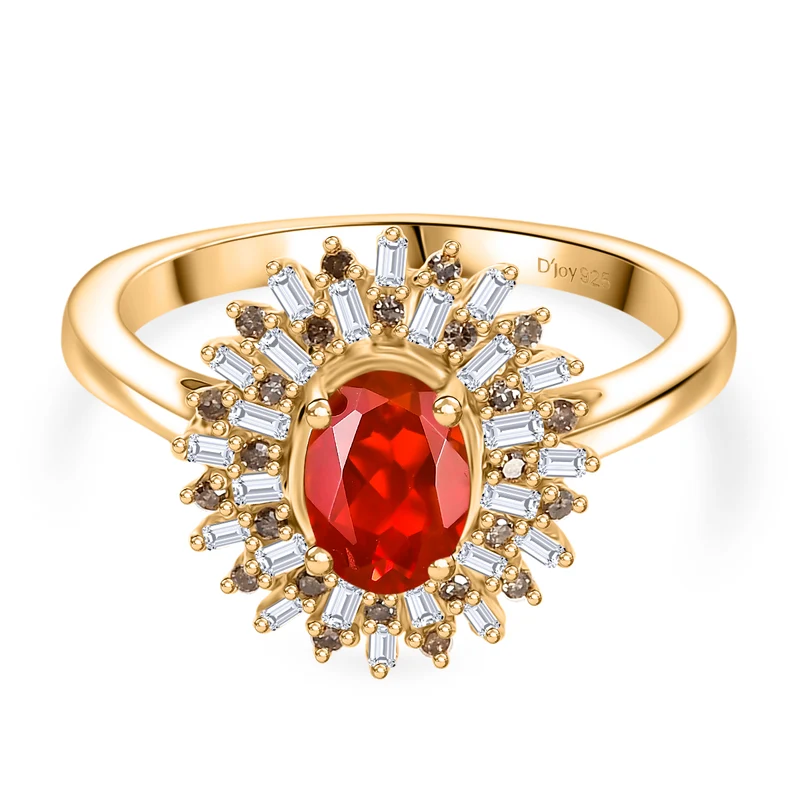 D'Joy AAAA Blaze Feueropal, Weißer Diamant Ring 925 Silber 750 Gelbgold Vermeil ca. 0,85 ct