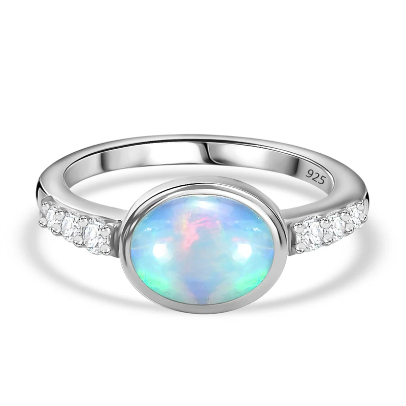 Natürlicher, äthiopischer Welo Opal, Weißer Zirkon Ring, 925 Silber platiniert ca. 1.46 ct