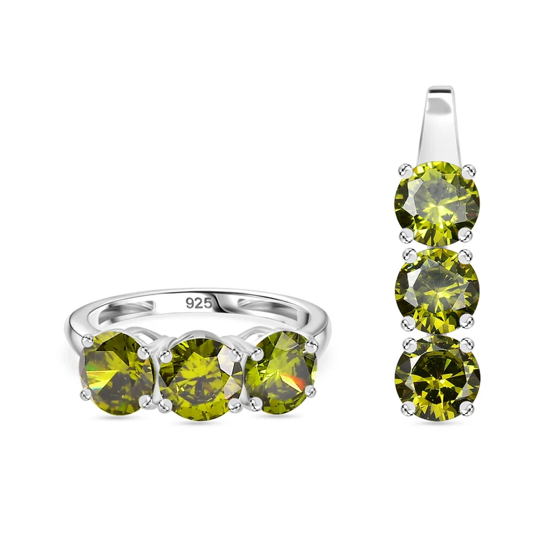 LUSTRO STELLA - 2er Set - Peridot Zirkonia Anhänger und Ring , 925 Silber