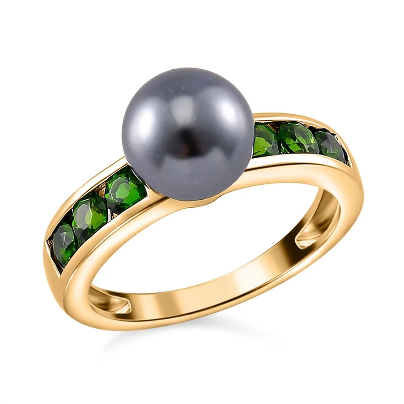 Tahiti Muschelkernperle, Natürlicher Chromdiopsid Ring 925 Silber vergoldet