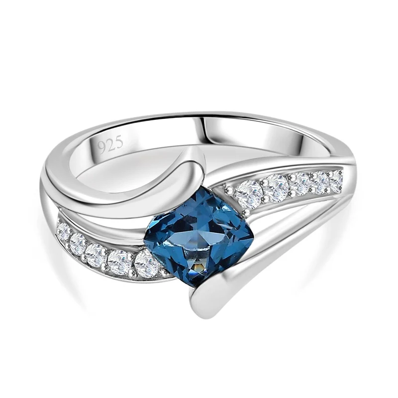 AA London Blau Topas, Weißer Zirkon Ring 925 Silber rhodiniert ca. 1,53 ct