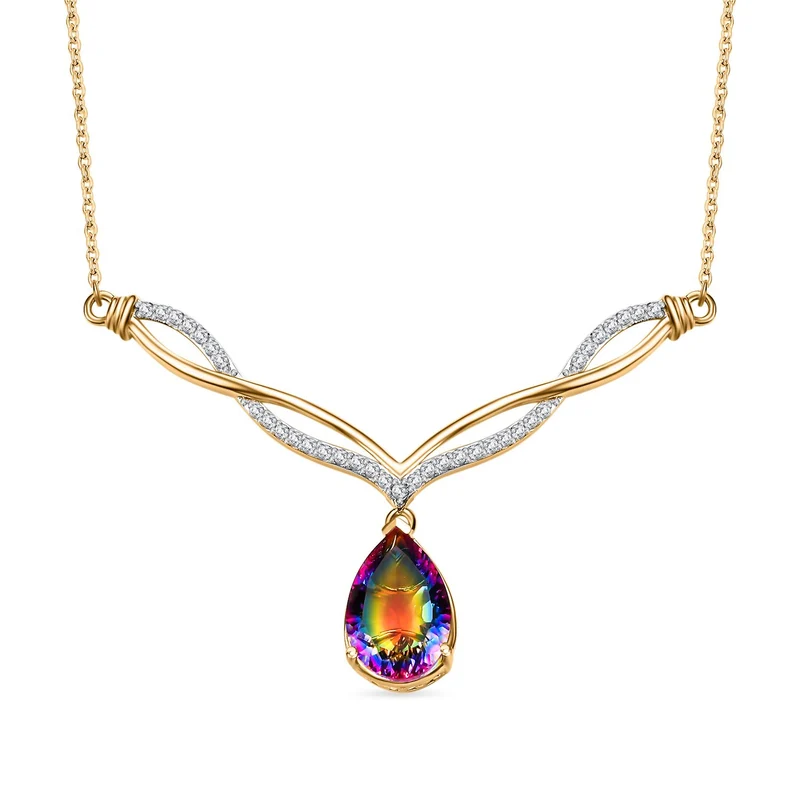 Nebel Quarz, Weißer Zirkon Halskette ca. 45 cm 925 Silber 750 Gelbgold Vermeil ca. 7,02 ct.
