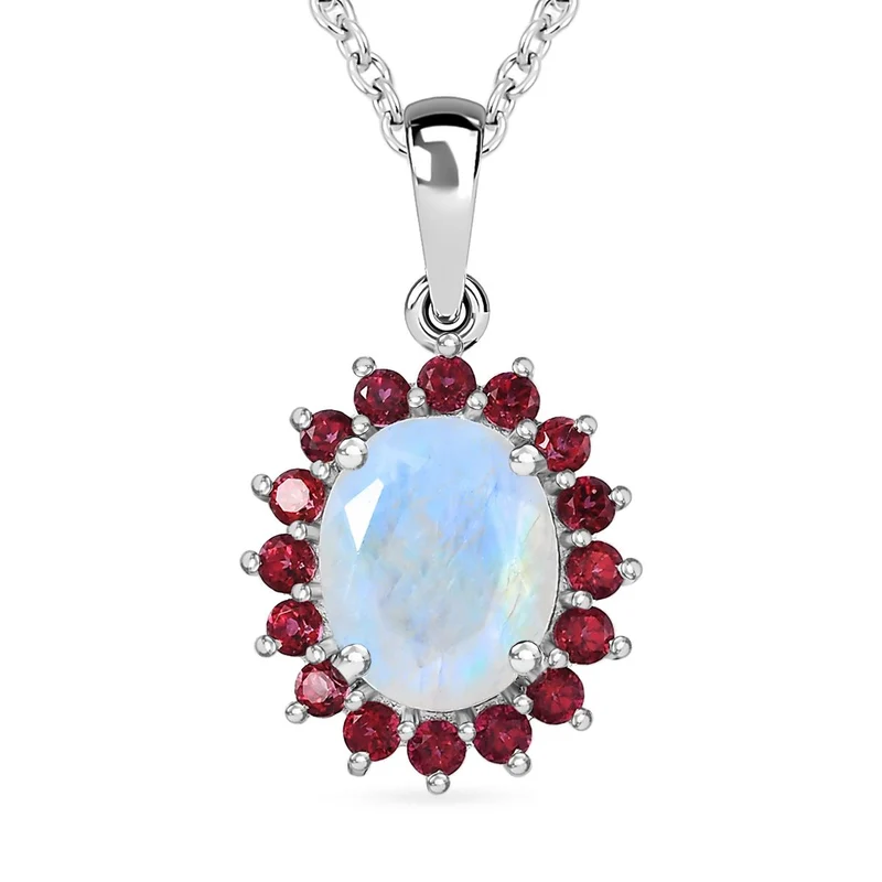 AA Regenbogen Mondstein, Signity leuchtend Rot Topas Schmuckset 925 Silber platiniert und Edelstahl platiniert ca. 3.21 ct