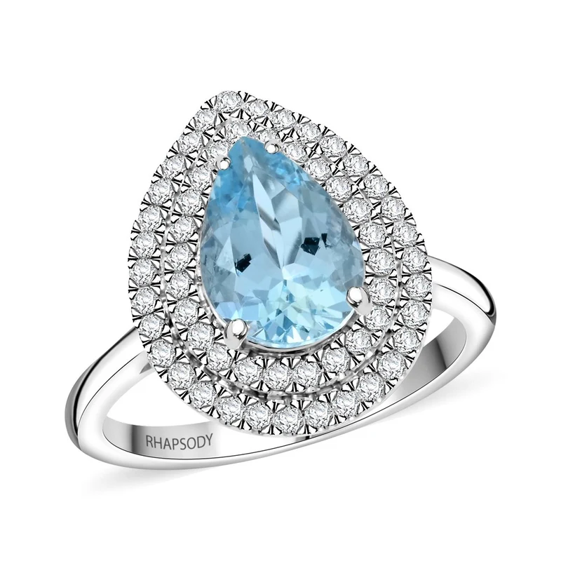 AAAA Santamaria Aquamarin, Weißer Diamant Ring 950 Platin ca. 2.05 ct