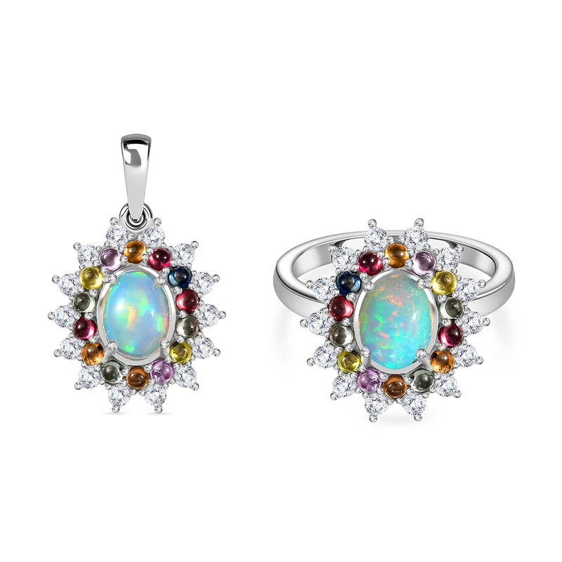 AA äthiopischer Welo Opal, Multi Saphir und Zirkon Ring und Anhänger