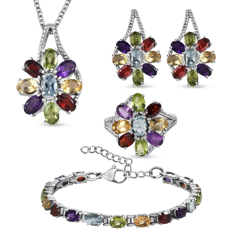 5er Set- Mehrfarbiger Armband, Ohrringe, Anhänger mit Kette (ca. 50 cm) und Ring , Schmuckset, Reiner Edelstahl ca. 22.40 ct