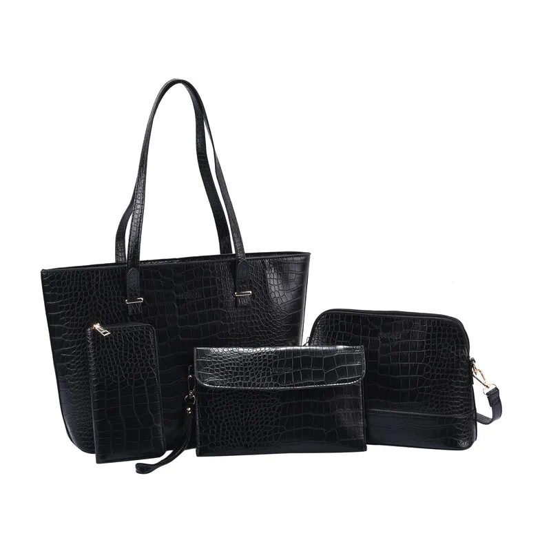 Passage - 4er-Set, Handtasche, Crossbody Tasche, Clutch und Brieftasche mit Kroko Muster, grau
