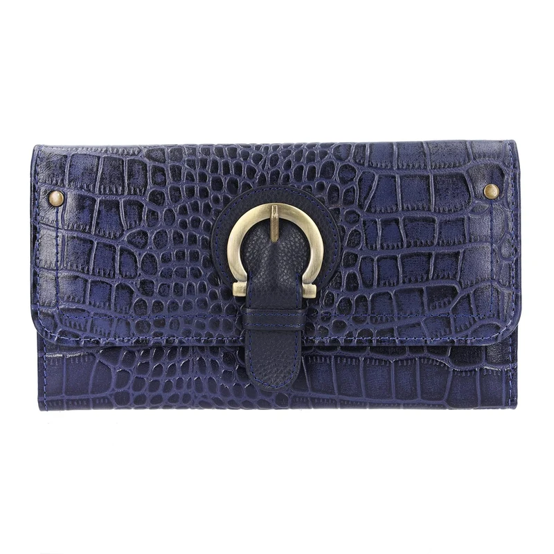 Echtleder Portemonnaie mit Krokoprägung und RFID-Schutz, 19,5x11,45 cm, marine